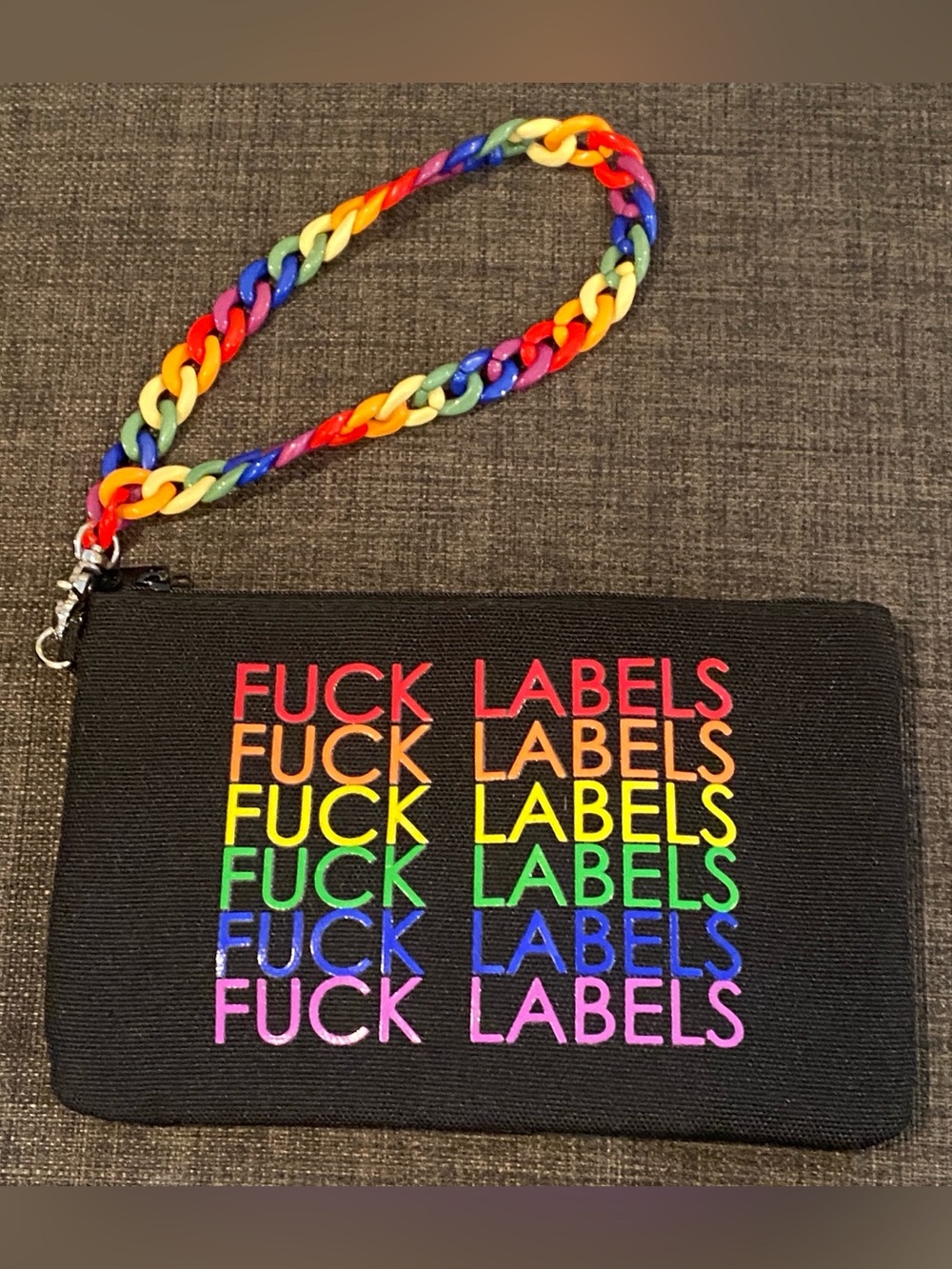 Black Rainbow 'F*** LABELS' Wristlet Pouch with rainbow plastic chain. NWOT
